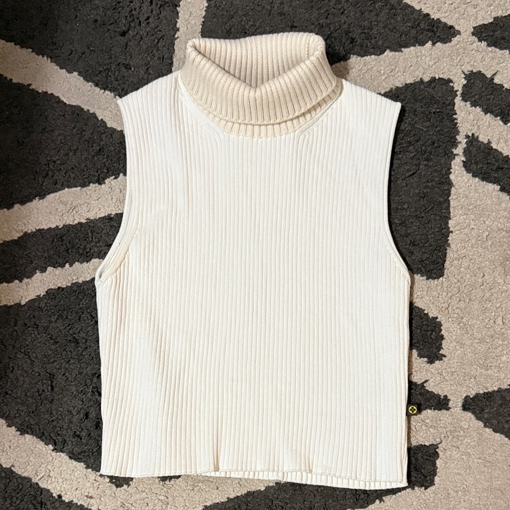 Louis Vuitton Cream and Tan Ribbed Sleeveless Crop Turtleneck.